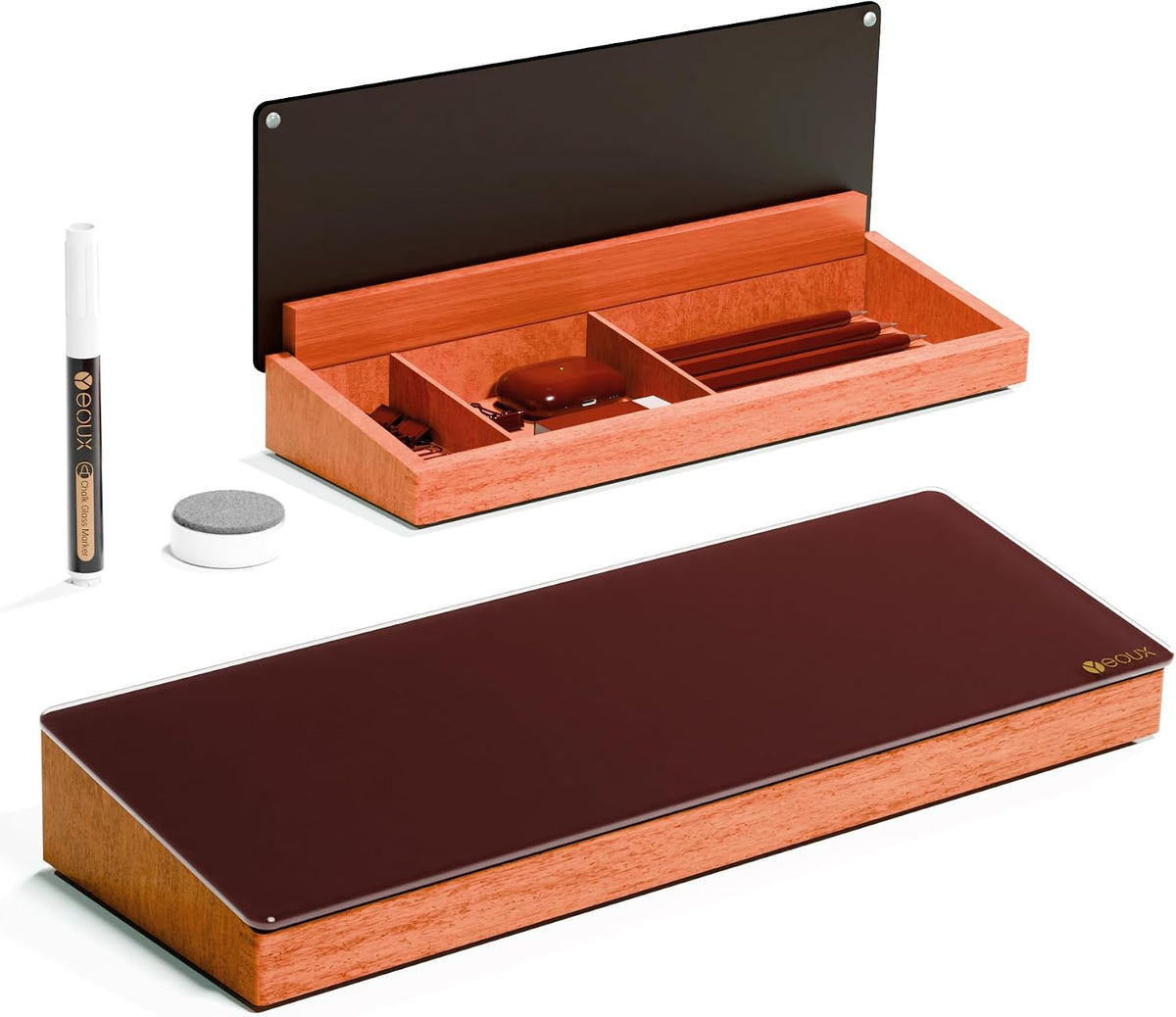 Glass Desktop Whiteboard with Wood Organizer for Small Office Accessories, Aesthetic Desk Dry Erase White Board with Drawer for Home Office Cubicle, Marker & Eraser Included