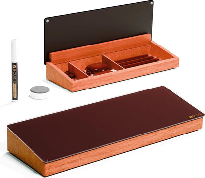 Glass Desktop Whiteboard with Wood Organizer for Small Office Accessories, Aesthetic Desk Dry Erase White Board with Drawer for Home Office Cubicle, Marker & Eraser Included