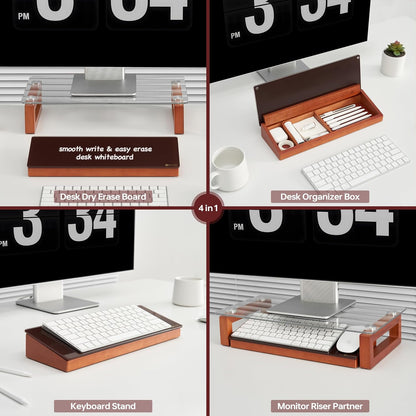 Glass Desktop Whiteboard with Wood Organizer for Small Office Accessories, Aesthetic Desk Dry Erase White Board with Drawer for Home Office Cubicle, Marker & Eraser Included