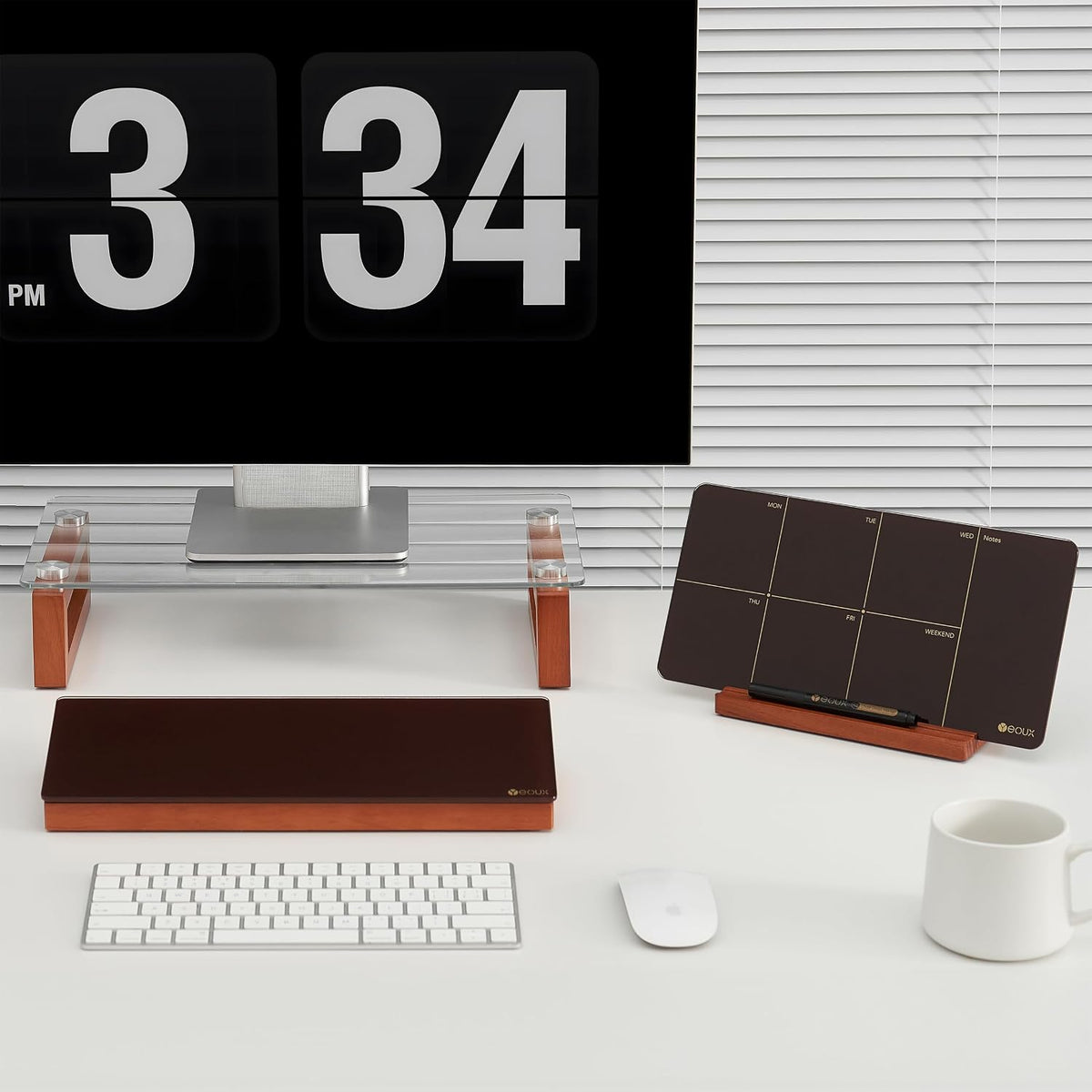 Glass Desktop Whiteboard with Wood Organizer for Small Office Accessories, Aesthetic Desk Dry Erase White Board with Drawer for Home Office Cubicle, Marker & Eraser Included