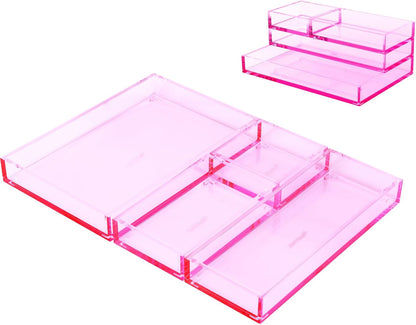 Clear Acrylic Desk Organizer for Office or Home Desk Drawer Dividers, Makeup Vanity Storage Bins, Stackable 4-Pack, Acrylic Accessory and Half Accessory Tray/Small Tray