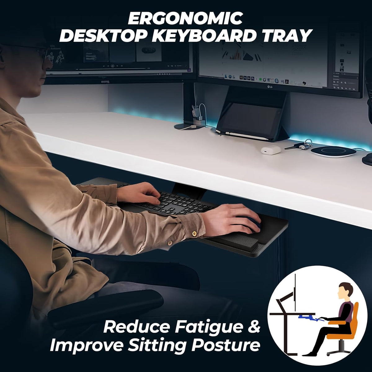 Ergonomic Keyboard Tray Under Desk, Large Size Keypad Tray Holder