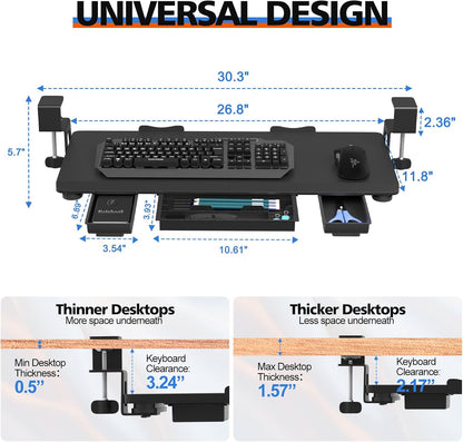 27" x 12" Height Adjustable Keyboard Tray Under Desk with Drawer