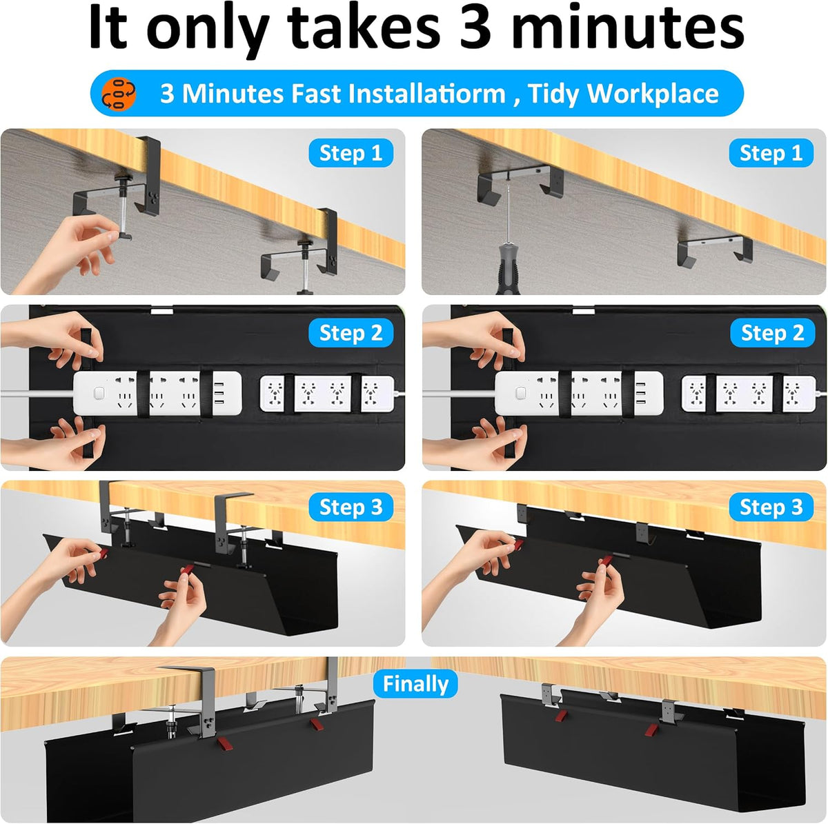Under Desk Cable Management Tray - Under Desk Cord Management - Clamp/Screw Mount - Fabric Wire Management - Cable Raceways Tray Cord Hiders for Office/Home (Black, 35.8"×5.6")
