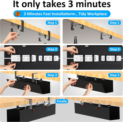 Under Desk Cable Management Tray - Under Desk Cord Management - Clamp/Screw Mount - Fabric Wire Management - Cable Raceways Tray Cord Hiders for Office/Home (Black, 35.8"×5.6")