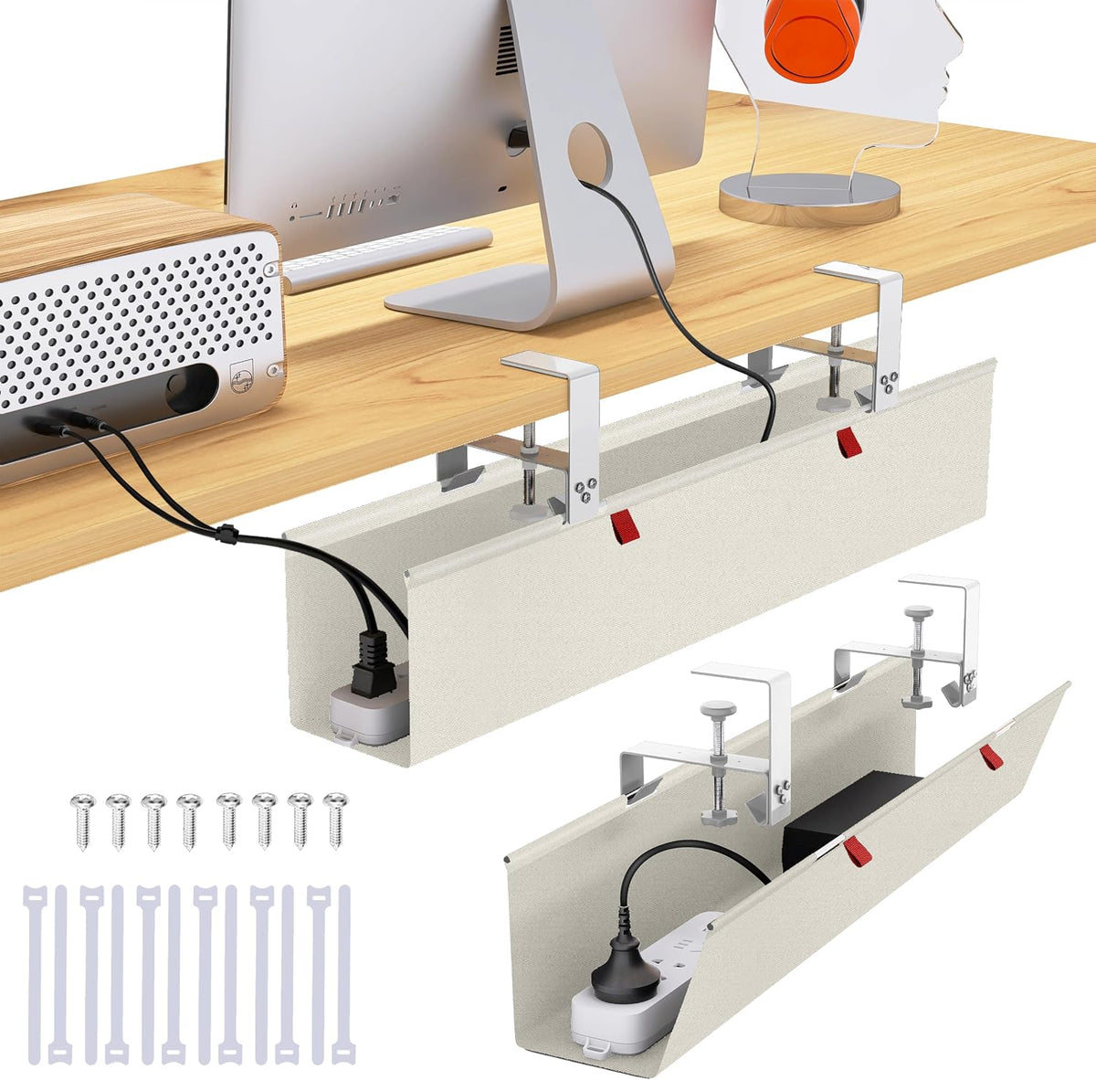 Under Desk Cable Management Tray - Under Desk Cord Management - Clamp/Screw Mount - Fabric Wire Management - Cable Raceways Tray Cord Hiders for Office/Home (Black, 35.8"×5.6")