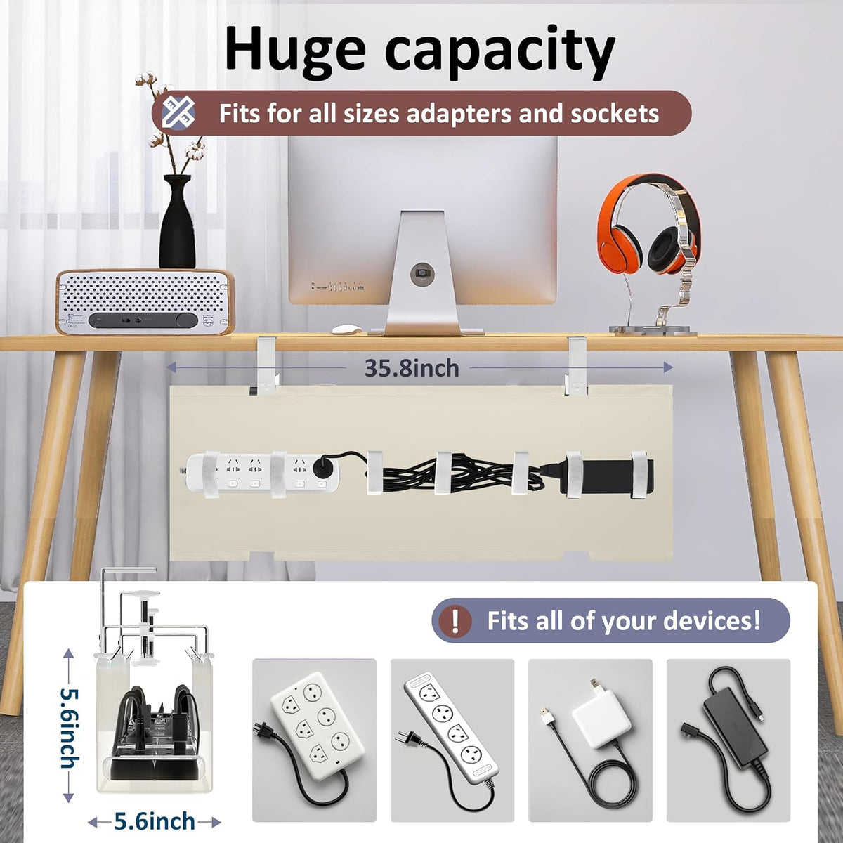Under Desk Cable Management Tray - Under Desk Cord Management - Clamp/Screw Mount - Fabric Wire Management - Cable Raceways Tray Cord Hiders for Office/Home (Black, 35.8"×5.6")