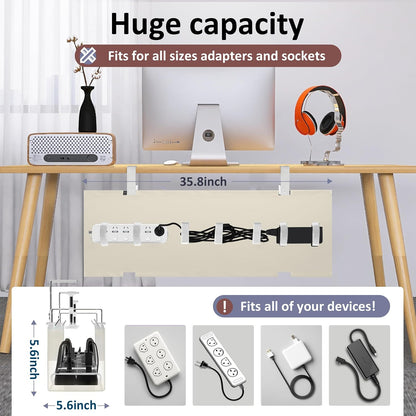 Under Desk Cable Management Tray - Under Desk Cord Management - Clamp/Screw Mount - Fabric Wire Management - Cable Raceways Tray Cord Hiders for Office/Home (Black, 35.8"×5.6")