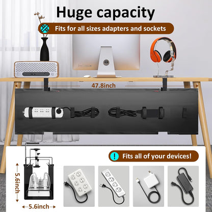Under Desk Cable Management Tray - Under Desk Cord Management - Clamp/Screw Mount - Fabric Wire Management - Cable Raceways Tray Cord Hiders for Office/Home (Black, 35.8"×5.6")