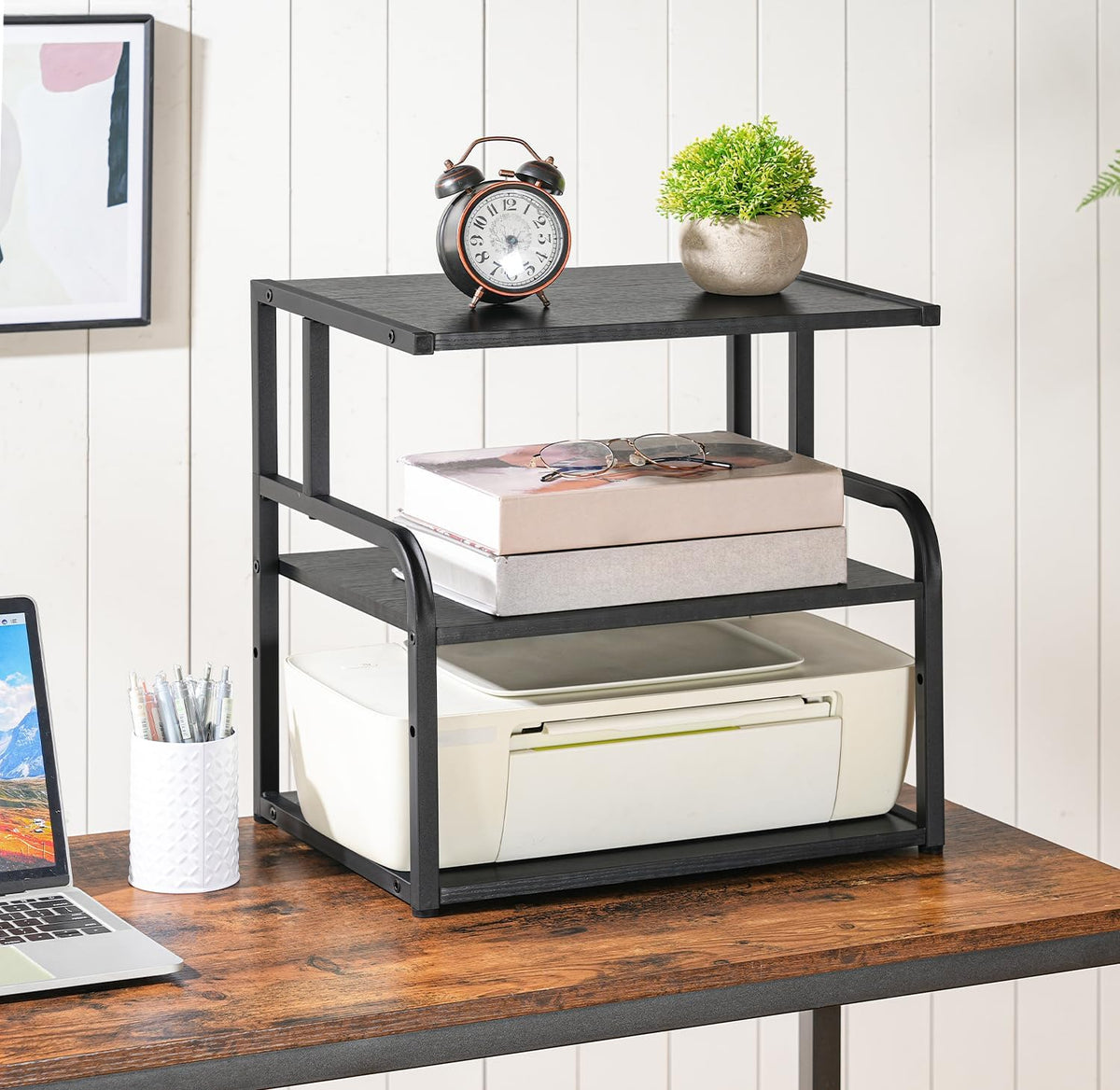 Printer Stand, 3-Tier Desktop Printer Table, Under Desk Printer Storage Office Organizer, Storage Rack with Adjustable Shelf, for Home Office, Kitchen, Living Room, Black BB06PS01