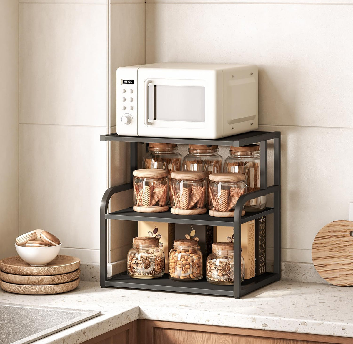 Printer Stand, 3-Tier Desktop Printer Table, Under Desk Printer Storage Office Organizer, Storage Rack with Adjustable Shelf, for Home Office, Kitchen, Living Room, Black BB06PS01