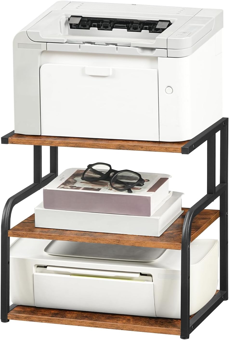 Printer Stand, 3-Tier Desktop Printer Table, Under Desk Printer Storage Office Organizer, Storage Rack with Adjustable Shelf, for Home Office, Kitchen, Living Room, Black BB06PS01