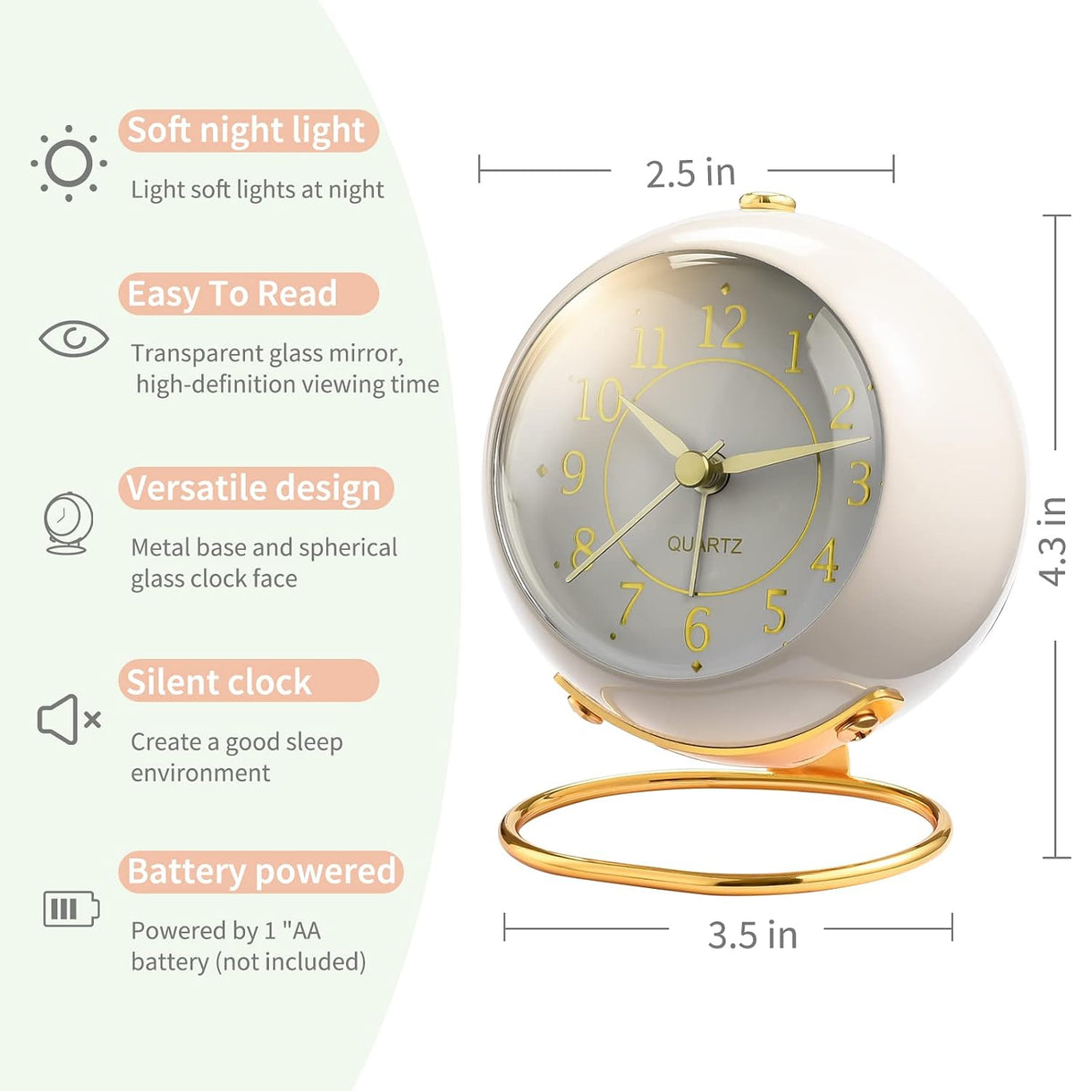 Analog Alarm Clocks,Retro Backlight Cute Simple Design Small Desk Clock with Night Light,Silent Non-Ticking,Battery Powered,for Decor,Bedrooms,Travel,Kitchen,Bedside Desktop.(White)