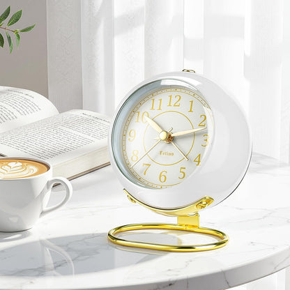 Analog Alarm Clocks,Retro Backlight Cute Simple Design Small Desk Clock with Night Light,Silent Non-Ticking,Battery Powered,for Decor,Bedrooms,Travel,Kitchen,Bedside Desktop.(White)