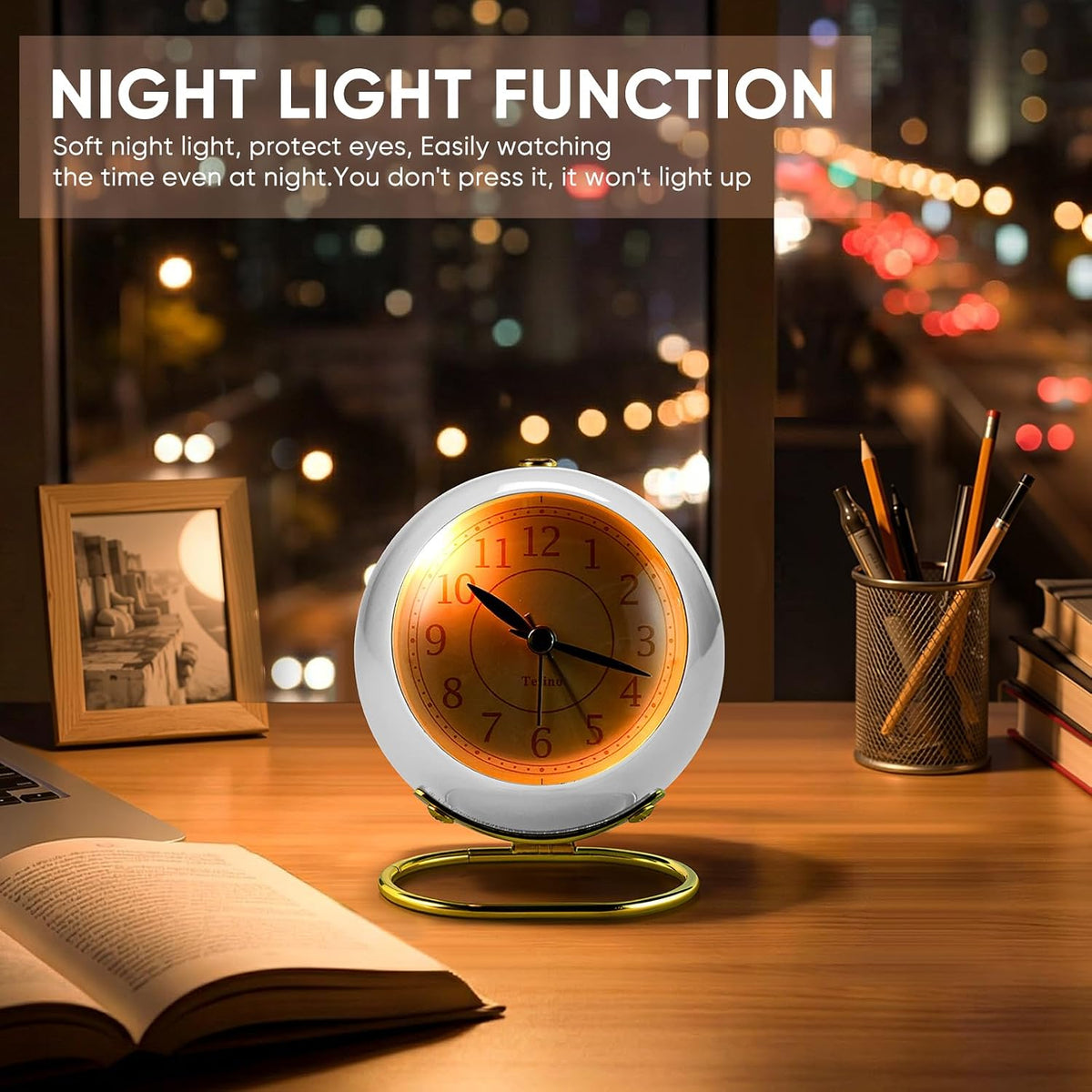 Analog Alarm Clocks,Retro Backlight Cute Simple Design Small Desk Clock with Night Light,Silent Non-Ticking,Battery Powered,for Decor,Bedrooms,Travel,Kitchen,Bedside Desktop.(White)