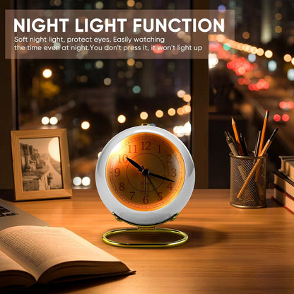 Analog Alarm Clocks,Retro Backlight Cute Simple Design Small Desk Clock with Night Light,Silent Non-Ticking,Battery Powered,for Decor,Bedrooms,Travel,Kitchen,Bedside Desktop.(White)
