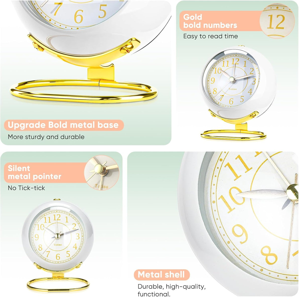 Analog Alarm Clocks,Retro Backlight Cute Simple Design Small Desk Clock with Night Light,Silent Non-Ticking,Battery Powered,for Decor,Bedrooms,Travel,Kitchen,Bedside Desktop.(White)