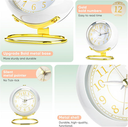 Analog Alarm Clocks,Retro Backlight Cute Simple Design Small Desk Clock with Night Light,Silent Non-Ticking,Battery Powered,for Decor,Bedrooms,Travel,Kitchen,Bedside Desktop.(White)
