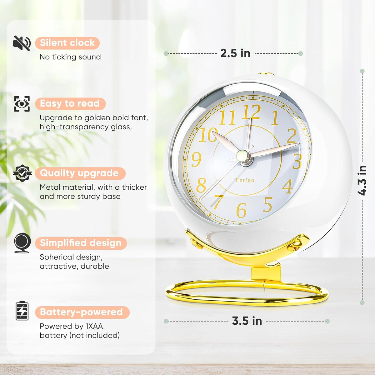 Analog Alarm Clocks,Retro Backlight Cute Simple Design Small Desk Clock with Night Light,Silent Non-Ticking,Battery Powered,for Decor,Bedrooms,Travel,Kitchen,Bedside Desktop.(White)