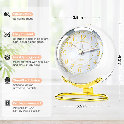 Analog Alarm Clocks,Retro Backlight Cute Simple Design Small Desk Clock with Night Light,Silent Non-Ticking,Battery Powered,for Decor,Bedrooms,Travel,Kitchen,Bedside Desktop.(White)