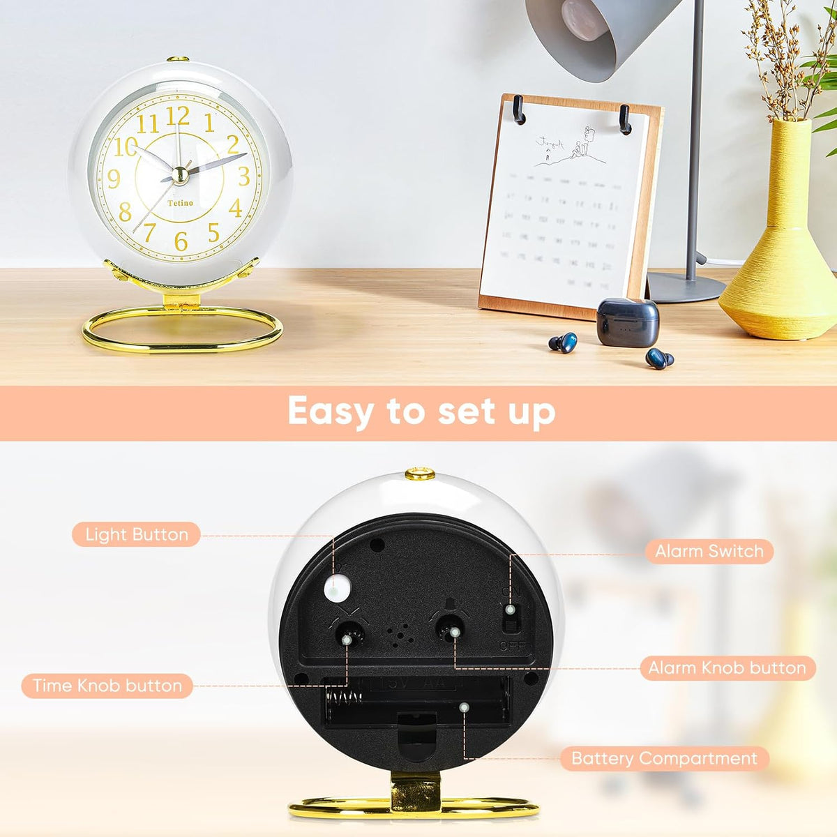Analog Alarm Clocks,Retro Backlight Cute Simple Design Small Desk Clock with Night Light,Silent Non-Ticking,Battery Powered,for Decor,Bedrooms,Travel,Kitchen,Bedside Desktop.(White)