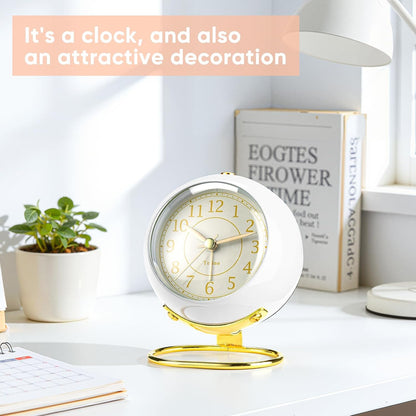Analog Alarm Clocks,Retro Backlight Cute Simple Design Small Desk Clock with Night Light,Silent Non-Ticking,Battery Powered,for Decor,Bedrooms,Travel,Kitchen,Bedside Desktop.(White)