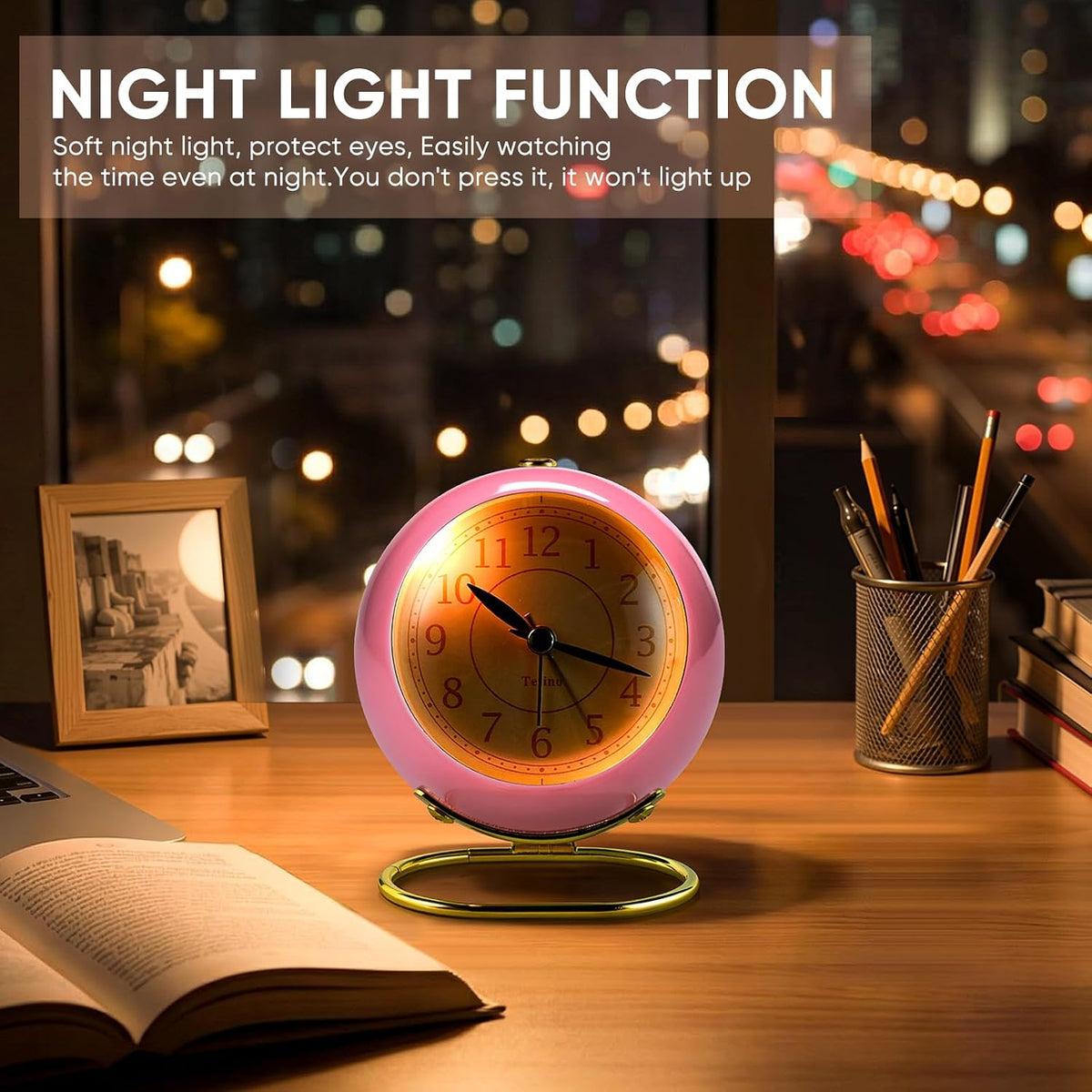 Analog Alarm Clocks,Retro Backlight Cute Simple Design Small Desk Clock with Night Light,Silent Non-Ticking,Battery Powered,for Decor,Bedrooms,Travel,Kitchen,Bedside Desktop.(White)