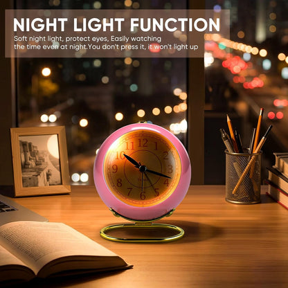 Analog Alarm Clocks,Retro Backlight Cute Simple Design Small Desk Clock with Night Light,Silent Non-Ticking,Battery Powered,for Decor,Bedrooms,Travel,Kitchen,Bedside Desktop.(White)