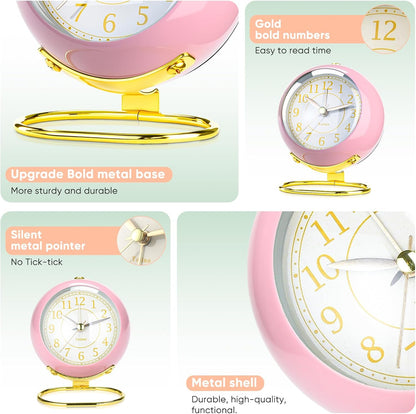 Analog Alarm Clocks,Retro Backlight Cute Simple Design Small Desk Clock with Night Light,Silent Non-Ticking,Battery Powered,for Decor,Bedrooms,Travel,Kitchen,Bedside Desktop.(White)