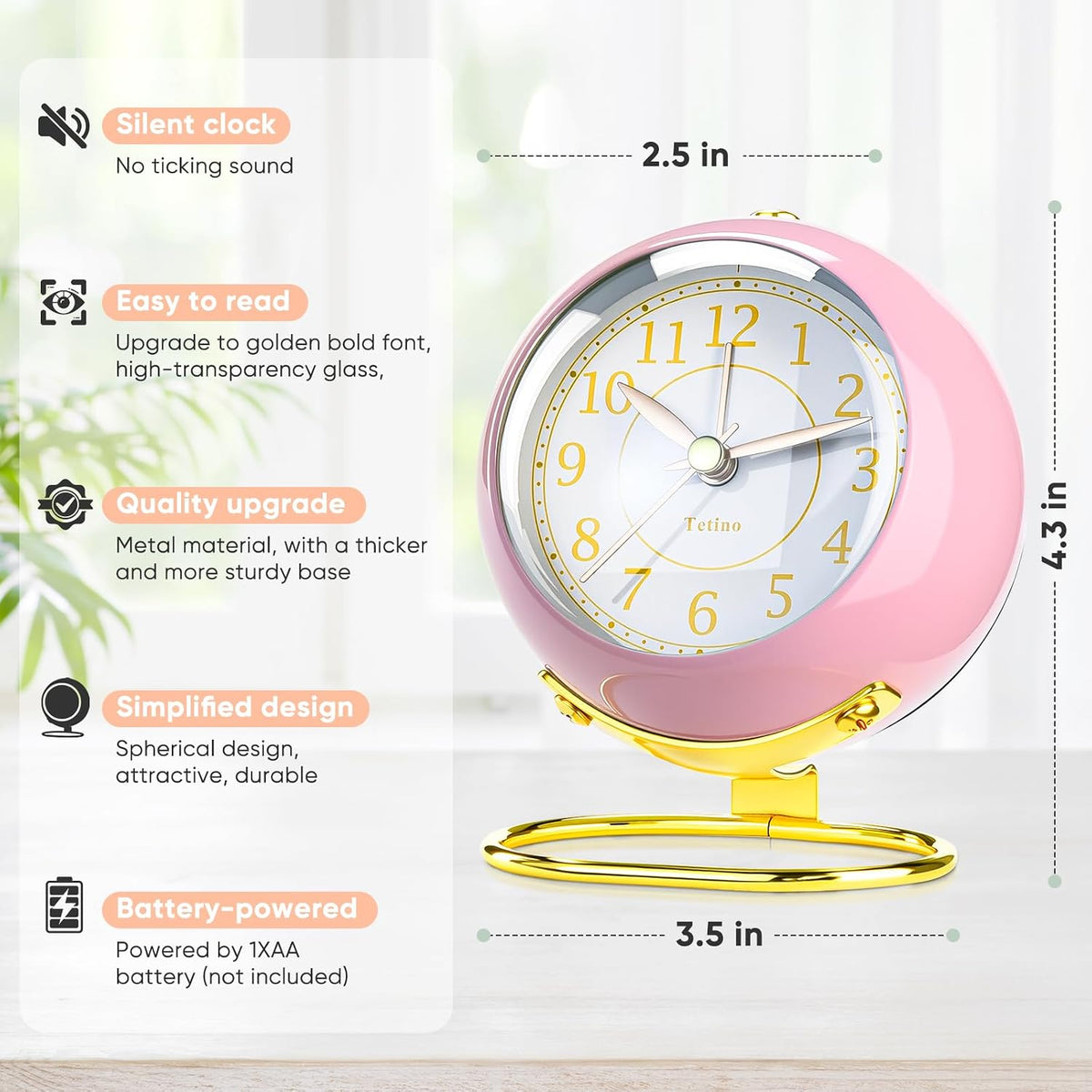 Analog Alarm Clocks,Retro Backlight Cute Simple Design Small Desk Clock with Night Light,Silent Non-Ticking,Battery Powered,for Decor,Bedrooms,Travel,Kitchen,Bedside Desktop.(White)