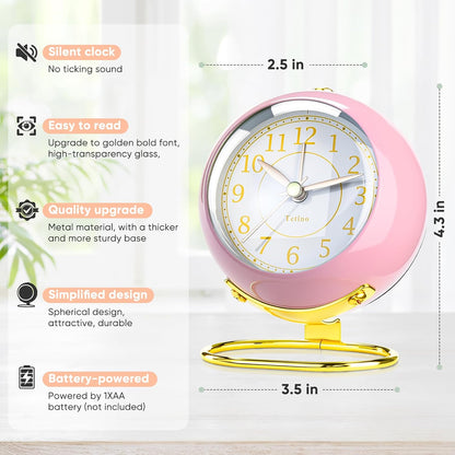 Analog Alarm Clocks,Retro Backlight Cute Simple Design Small Desk Clock with Night Light,Silent Non-Ticking,Battery Powered,for Decor,Bedrooms,Travel,Kitchen,Bedside Desktop.(White)