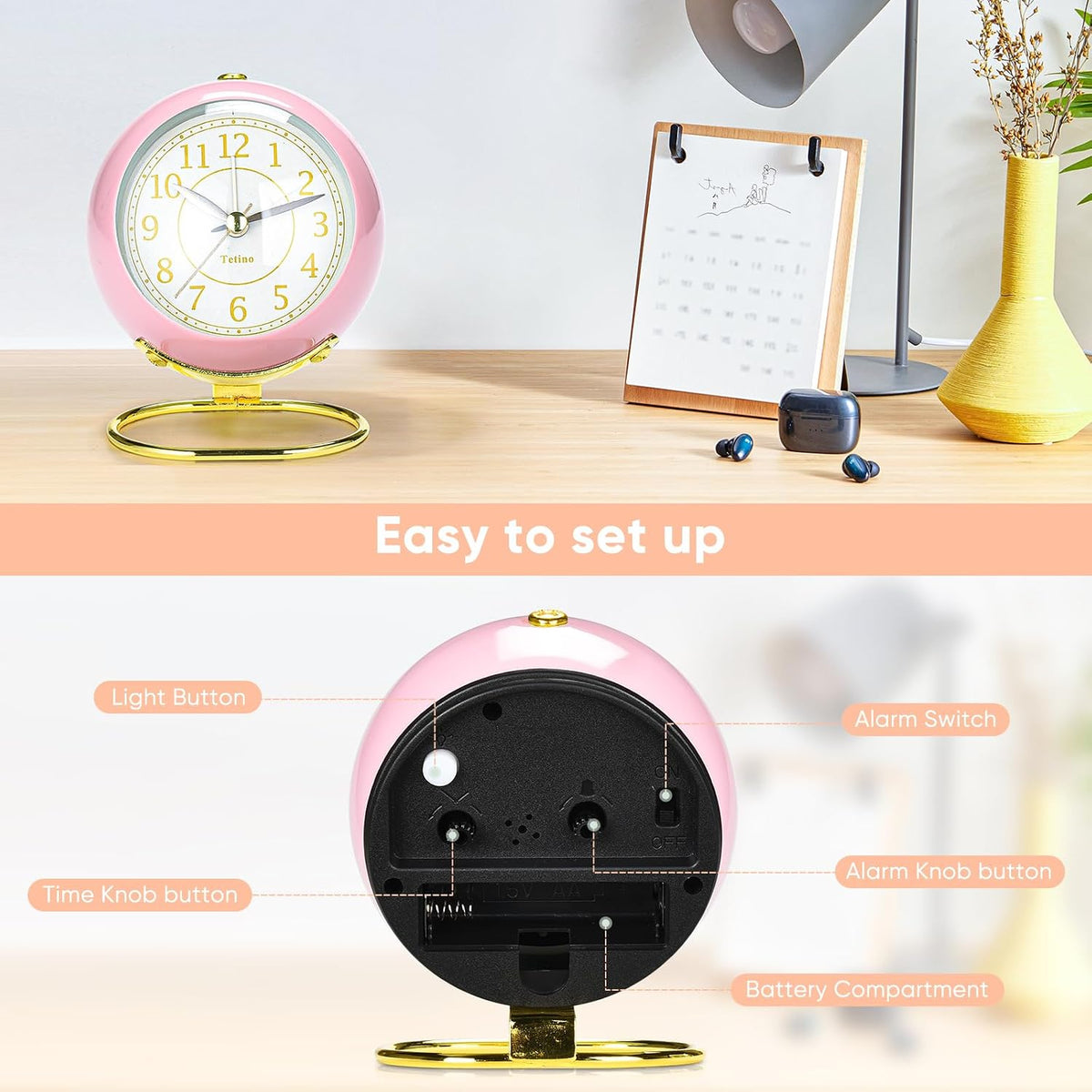 Analog Alarm Clocks,Retro Backlight Cute Simple Design Small Desk Clock with Night Light,Silent Non-Ticking,Battery Powered,for Decor,Bedrooms,Travel,Kitchen,Bedside Desktop.(White)