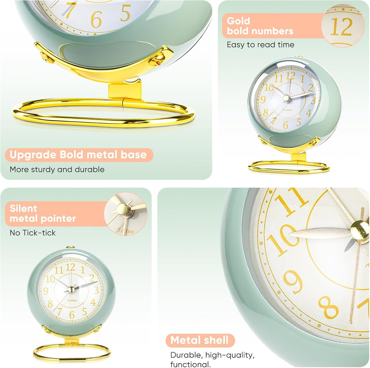 Analog Alarm Clocks,Retro Backlight Cute Simple Design Small Desk Clock with Night Light,Silent Non-Ticking,Battery Powered,for Decor,Bedrooms,Travel,Kitchen,Bedside Desktop.(White)
