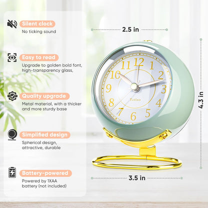 Analog Alarm Clocks,Retro Backlight Cute Simple Design Small Desk Clock with Night Light,Silent Non-Ticking,Battery Powered,for Decor,Bedrooms,Travel,Kitchen,Bedside Desktop.(White)