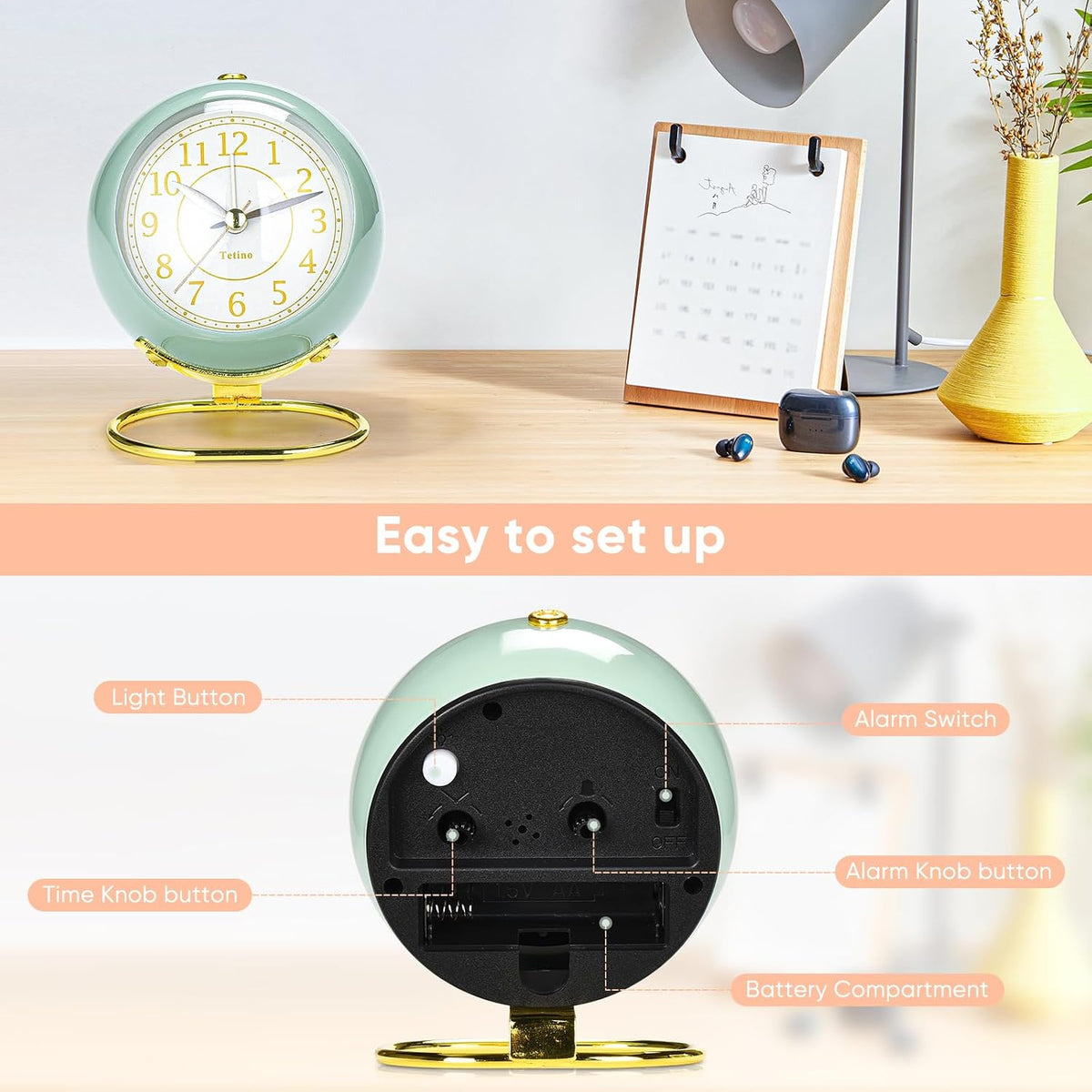 Analog Alarm Clocks,Retro Backlight Cute Simple Design Small Desk Clock with Night Light,Silent Non-Ticking,Battery Powered,for Decor,Bedrooms,Travel,Kitchen,Bedside Desktop.(White)