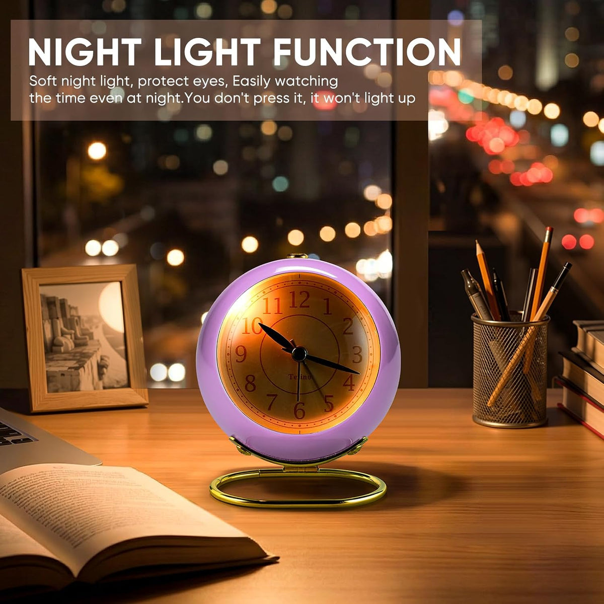 Analog Alarm Clocks,Retro Backlight Cute Simple Design Small Desk Clock with Night Light,Silent Non-Ticking,Battery Powered,for Decor,Bedrooms,Travel,Kitchen,Bedside Desktop.(White)
