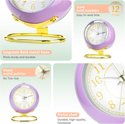 Analog Alarm Clocks,Retro Backlight Cute Simple Design Small Desk Clock with Night Light,Silent Non-Ticking,Battery Powered,for Decor,Bedrooms,Travel,Kitchen,Bedside Desktop.(White)