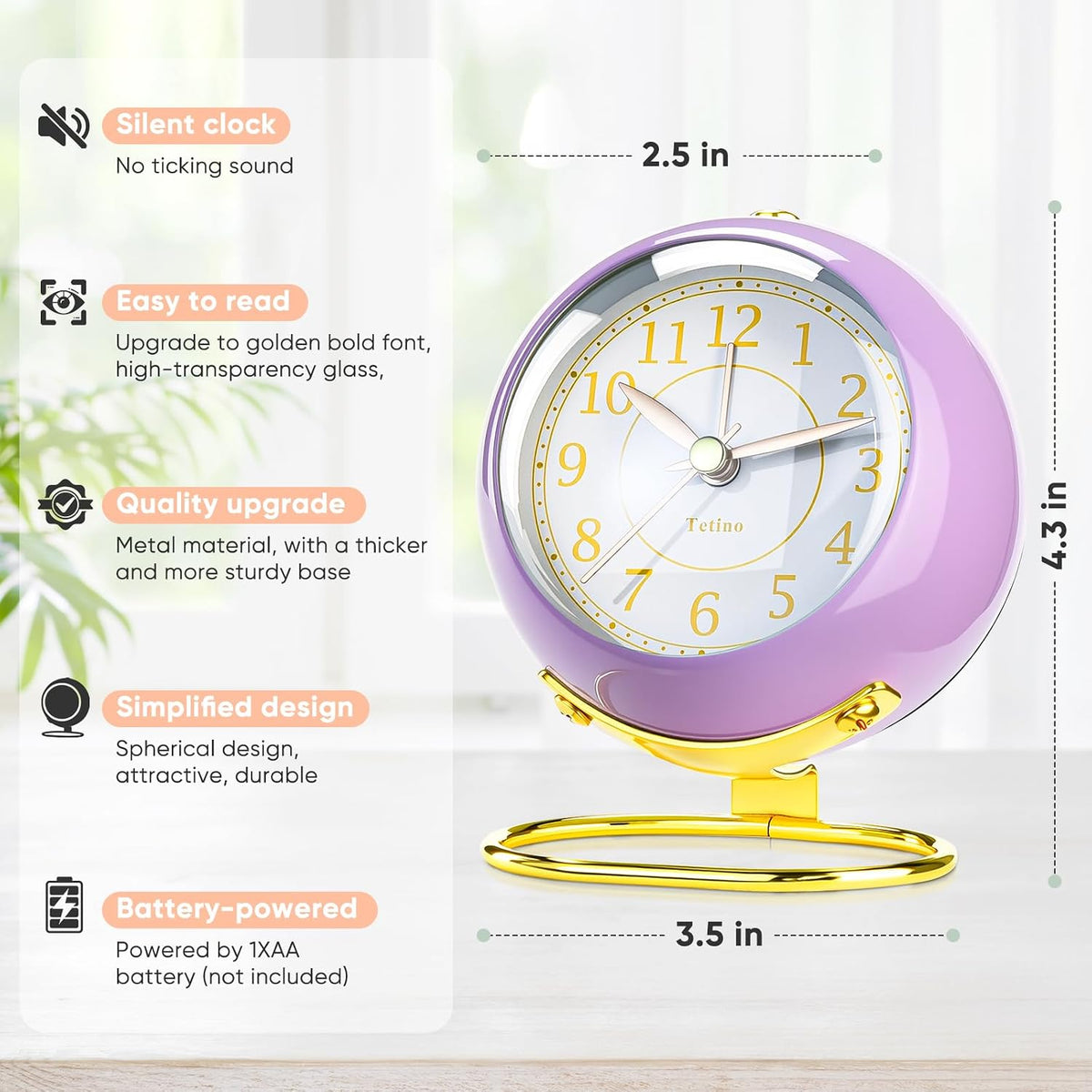 Analog Alarm Clocks,Retro Backlight Cute Simple Design Small Desk Clock with Night Light,Silent Non-Ticking,Battery Powered,for Decor,Bedrooms,Travel,Kitchen,Bedside Desktop.(White)