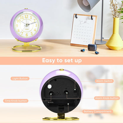 Analog Alarm Clocks,Retro Backlight Cute Simple Design Small Desk Clock with Night Light,Silent Non-Ticking,Battery Powered,for Decor,Bedrooms,Travel,Kitchen,Bedside Desktop.(White)