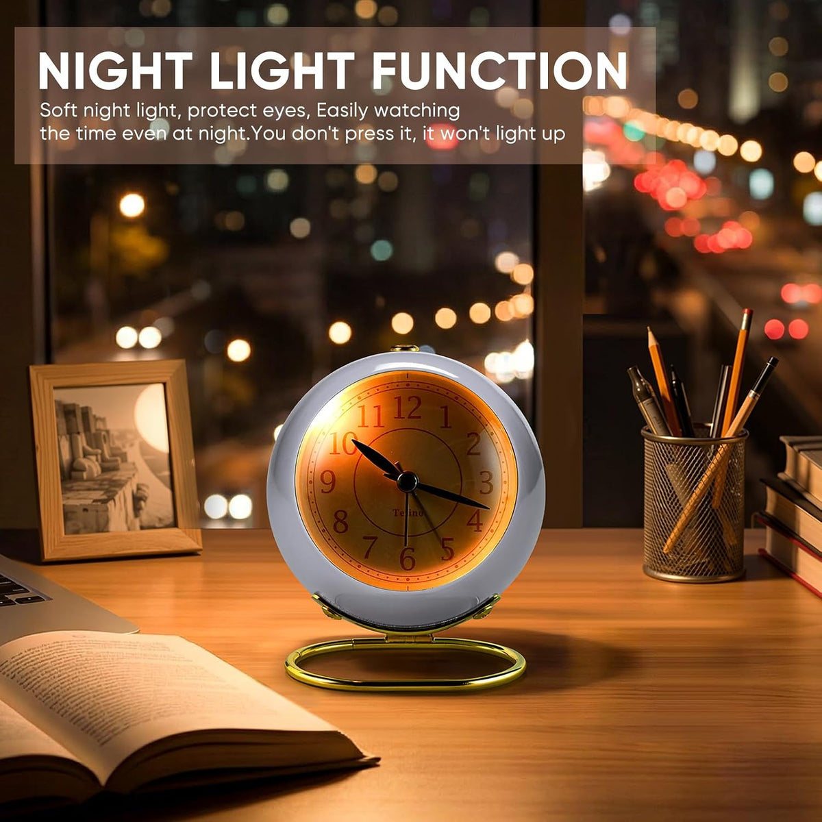 Analog Alarm Clocks,Retro Backlight Cute Simple Design Small Desk Clock with Night Light,Silent Non-Ticking,Battery Powered,for Decor,Bedrooms,Travel,Kitchen,Bedside Desktop.(White)