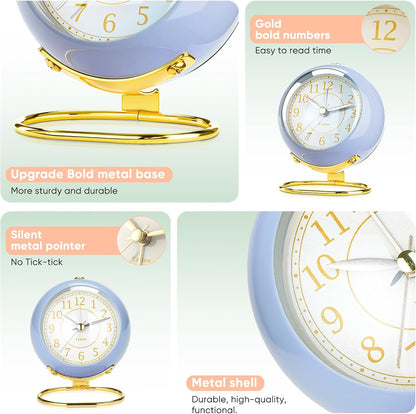 Analog Alarm Clocks,Retro Backlight Cute Simple Design Small Desk Clock with Night Light,Silent Non-Ticking,Battery Powered,for Decor,Bedrooms,Travel,Kitchen,Bedside Desktop.(White)