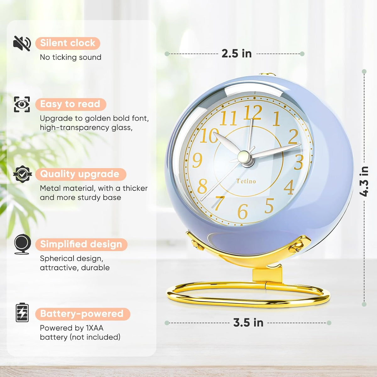 Analog Alarm Clocks,Retro Backlight Cute Simple Design Small Desk Clock with Night Light,Silent Non-Ticking,Battery Powered,for Decor,Bedrooms,Travel,Kitchen,Bedside Desktop.(White)