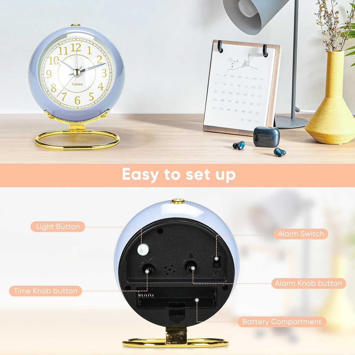 Analog Alarm Clocks,Retro Backlight Cute Simple Design Small Desk Clock with Night Light,Silent Non-Ticking,Battery Powered,for Decor,Bedrooms,Travel,Kitchen,Bedside Desktop.(White)