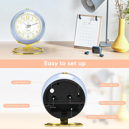 Analog Alarm Clocks,Retro Backlight Cute Simple Design Small Desk Clock with Night Light,Silent Non-Ticking,Battery Powered,for Decor,Bedrooms,Travel,Kitchen,Bedside Desktop.(White)