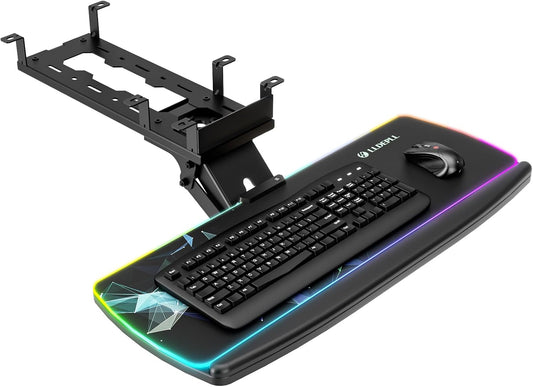 Keyboard Tray Under Desk with Storage Drawer, Height Adjustable Keyboard Tray Slide Out 360° Swivel Tilt, Ergonomic Under Desk Mount Keyboard & Mouse pad Lighting, Black