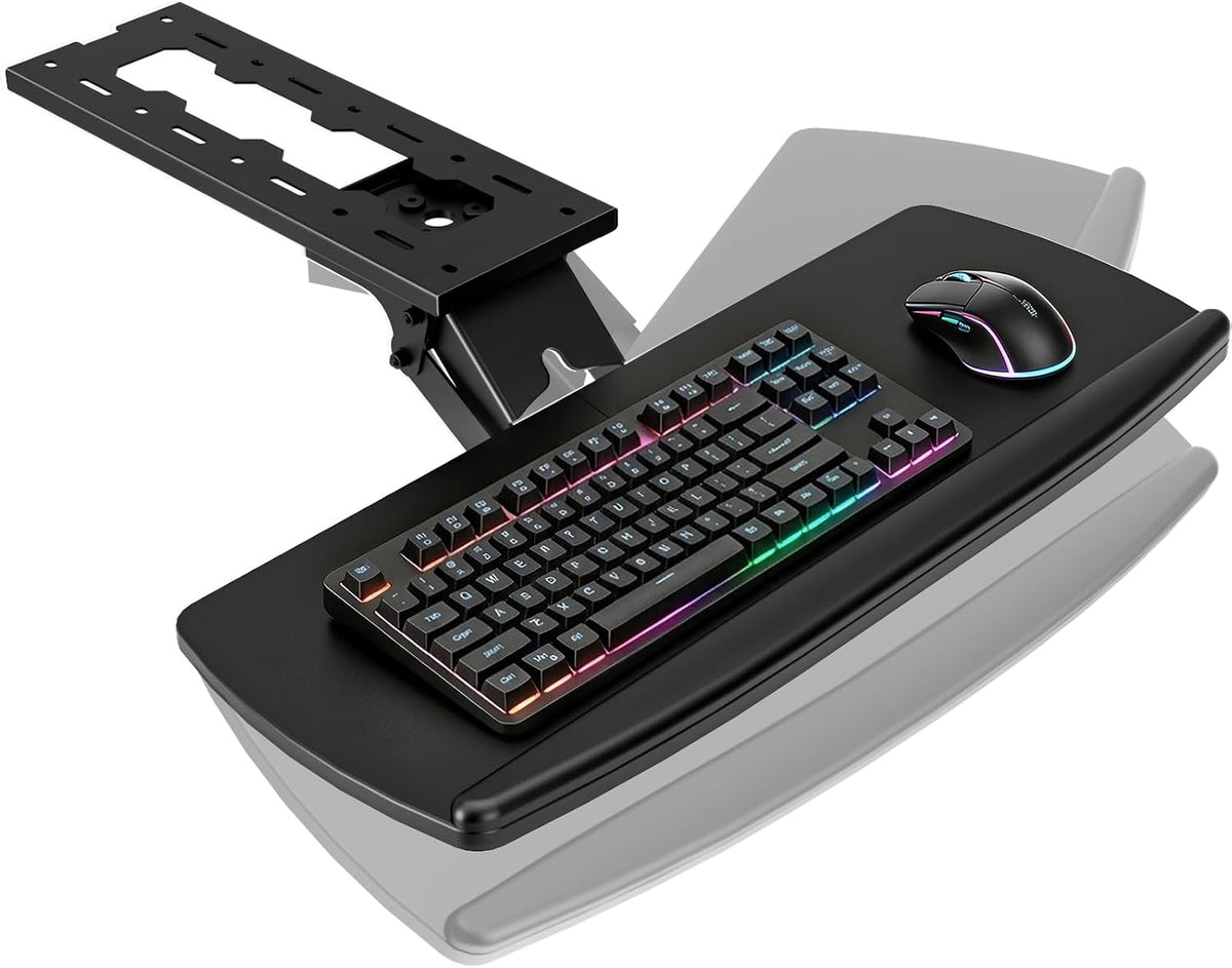 Keyboard Tray Under Desk with Storage Drawer, Height Adjustable Keyboard Tray Slide Out 360° Swivel Tilt, Ergonomic Under Desk Mount Keyboard & Mouse pad Lighting, Black
