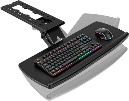 Keyboard Tray Under Desk with Storage Drawer, Height Adjustable Keyboard Tray Slide Out 360° Swivel Tilt, Ergonomic Under Desk Mount Keyboard & Mouse pad Lighting, Black
