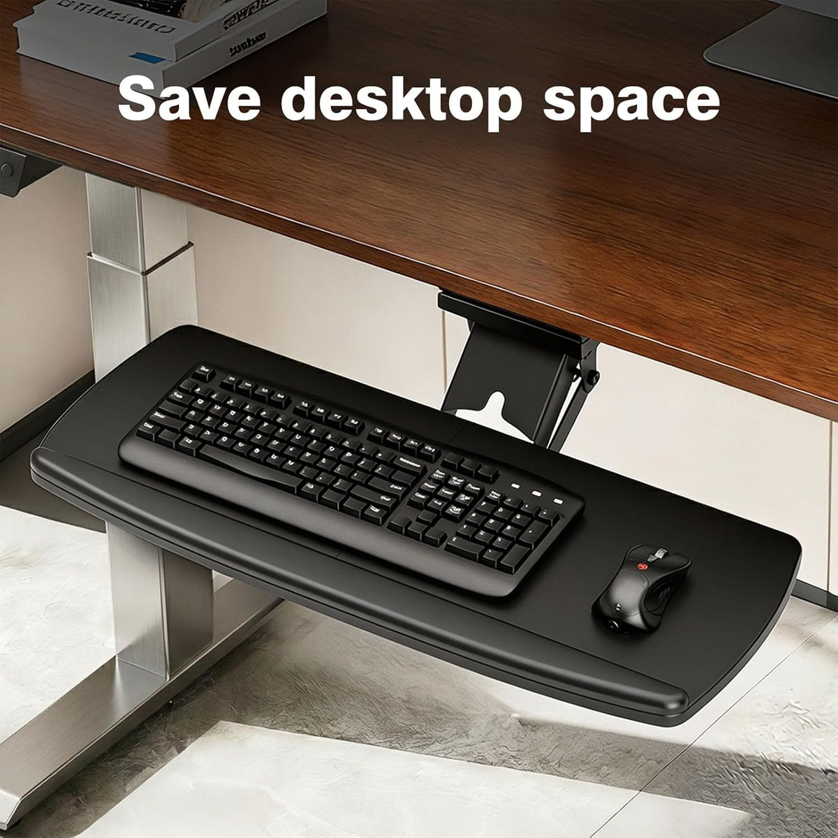 Keyboard Tray Under Desk with Storage Drawer, Height Adjustable Keyboard Tray Slide Out 360° Swivel Tilt, Ergonomic Under Desk Mount Keyboard & Mouse pad Lighting, Black