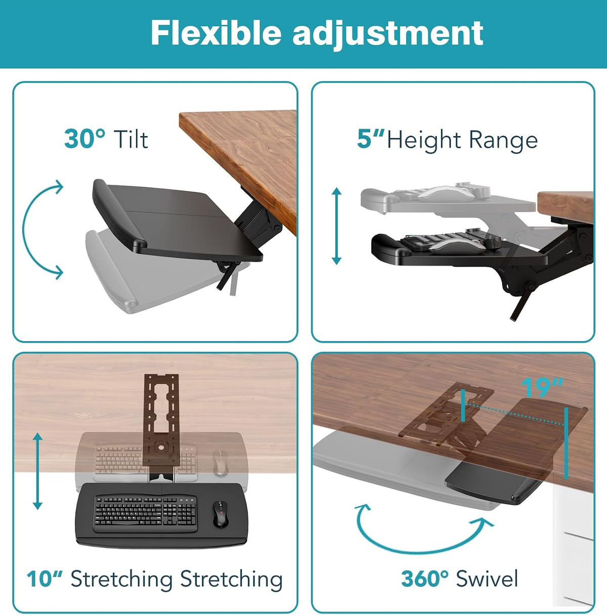 Keyboard Tray Under Desk with Storage Drawer, Height Adjustable Keyboard Tray Slide Out 360° Swivel Tilt, Ergonomic Under Desk Mount Keyboard & Mouse pad Lighting, Black