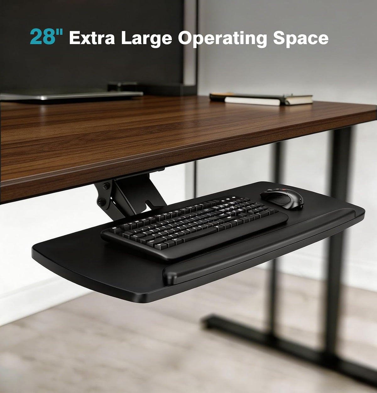 Keyboard Tray Under Desk with Storage Drawer, Height Adjustable Keyboard Tray Slide Out 360° Swivel Tilt, Ergonomic Under Desk Mount Keyboard & Mouse pad Lighting, Black